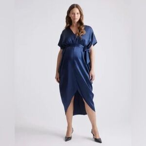 Quince 100% Washable Silk Maternity Dress Navy Blue Medium